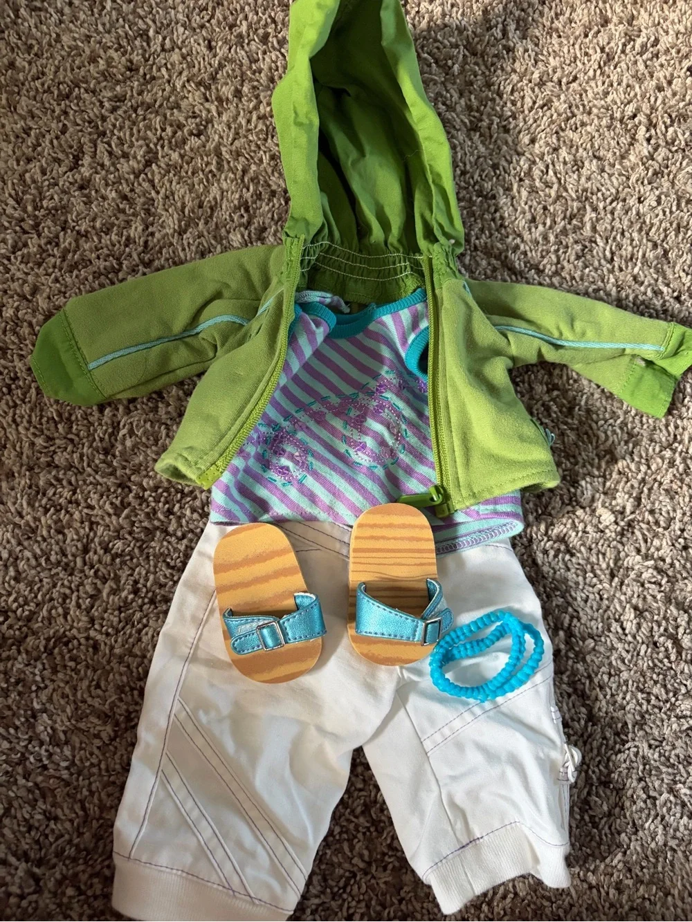 American Girl Kickin Back Outfit Green Hooded Jacket with Teal Striped Tank and